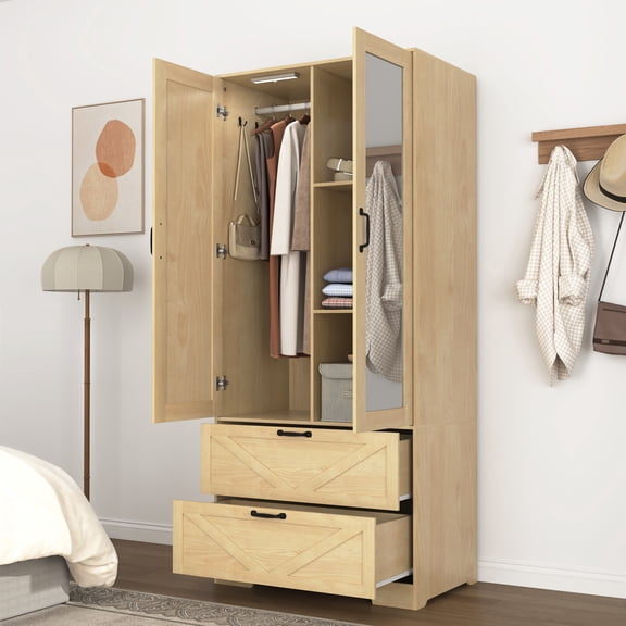 72" Tall 2 Doors Armoire Wardrobe Closet with 2 Drawers and Mirror, Multifunctional Wooden Wardrobe Storage Cabinet with Induction Light for Bedroom,Natural