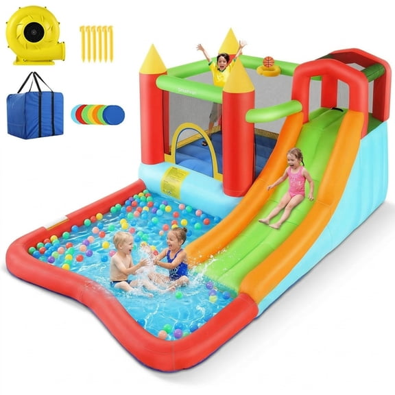 Veeboto Inflatable Bounce House for Kids 3-10, Bouncy Castle with Slide, Bouncy Area, Climbing Wall, Basketball Hoop, Pool, Suitable for Indoor and Outdoor, Jumping Castle with Blower