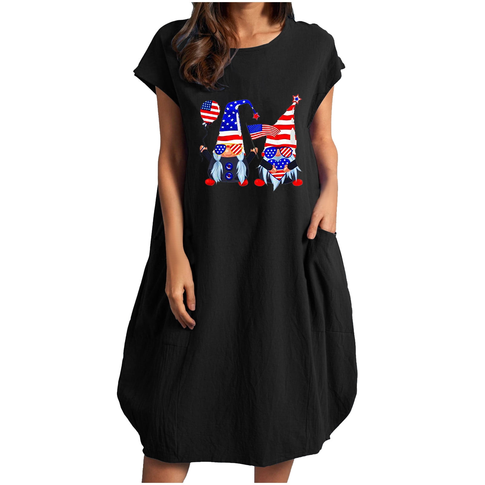 Womens Summer Dress American Flag Dress Short Sleeve Midi Dress With