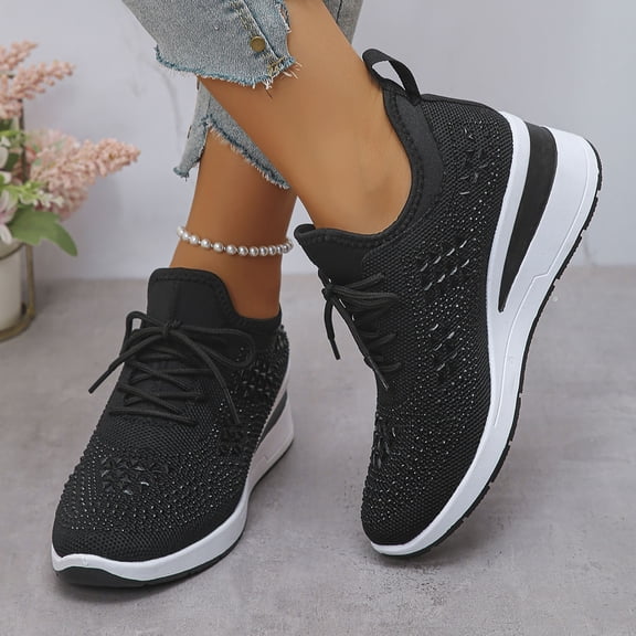 Mesh Platform Walking Shoes for Women Rhinestone Wedge Mesh Breathable Non Slip Tennis Walking Shoes