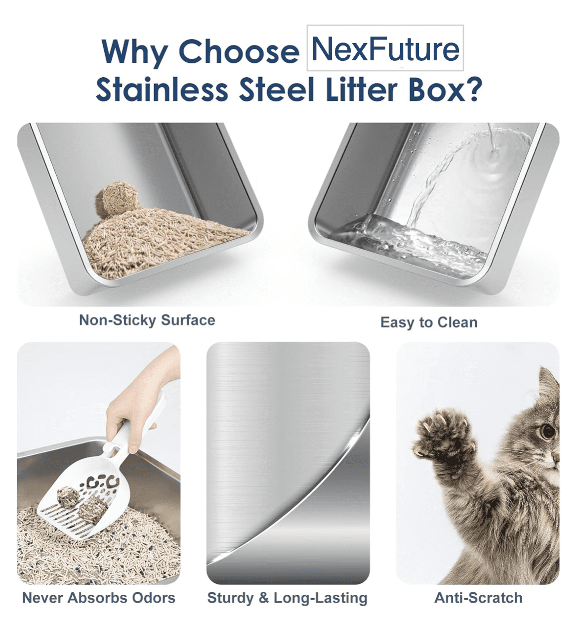 6" Deep Stainless Steel Cat Litter Box with Lid Extra Large Litter Box for Big Cats XL Metal Litter Pan Tray with High Wall Sides Enclosure, Non-Sticky, Anti-Leakage, Easy Cleaning