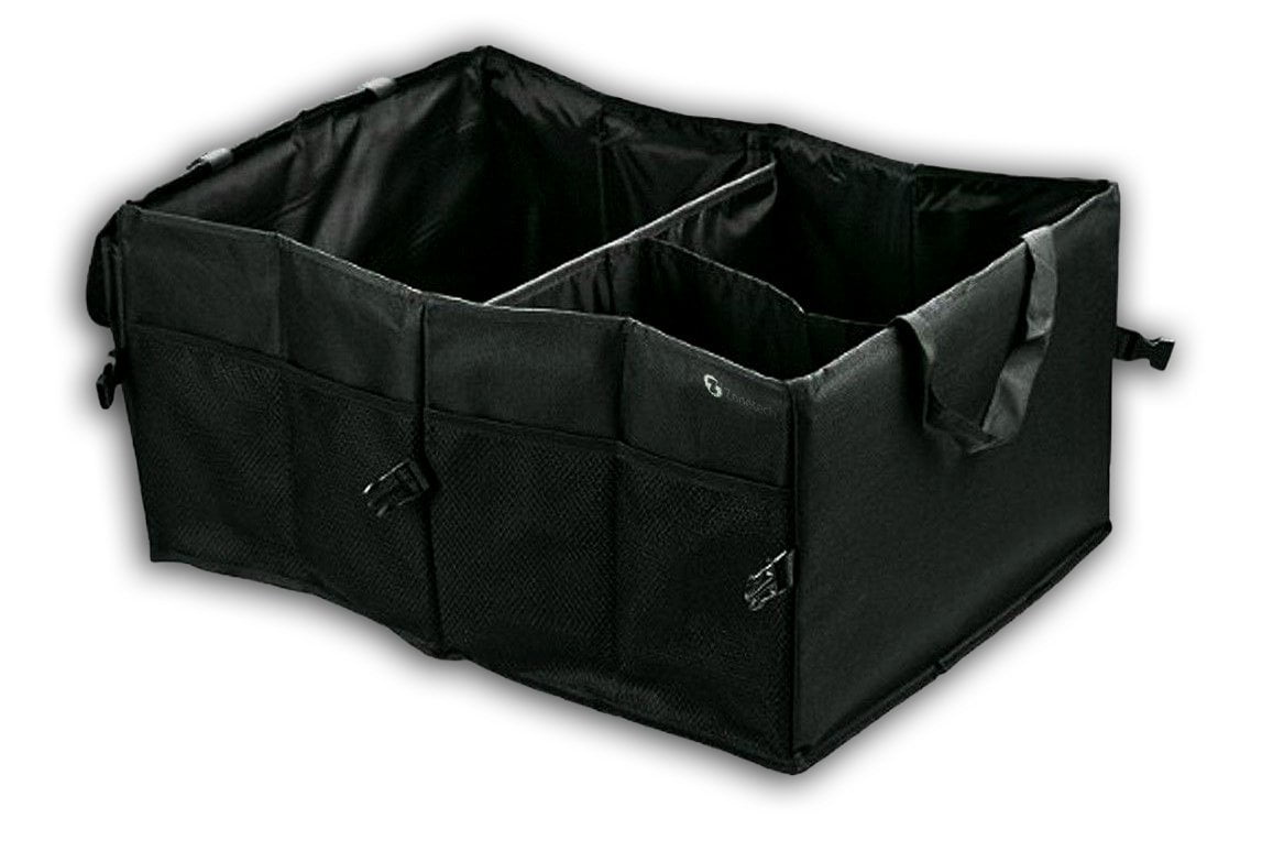 Zone Tech Premium Quality Black Universal Foldable Leak Proof Traveling Portable Car Trash Can Comfort Wheels OR0007 Multipurpose Cargo Trunk Storage Bag 