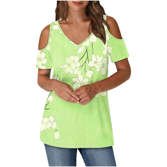 Puntoco Liquidación de blusas cortas para mujer, blusas estampadas para mujer, blusas de manga corta con escote en V y hombros descubiertos, blusas de moda