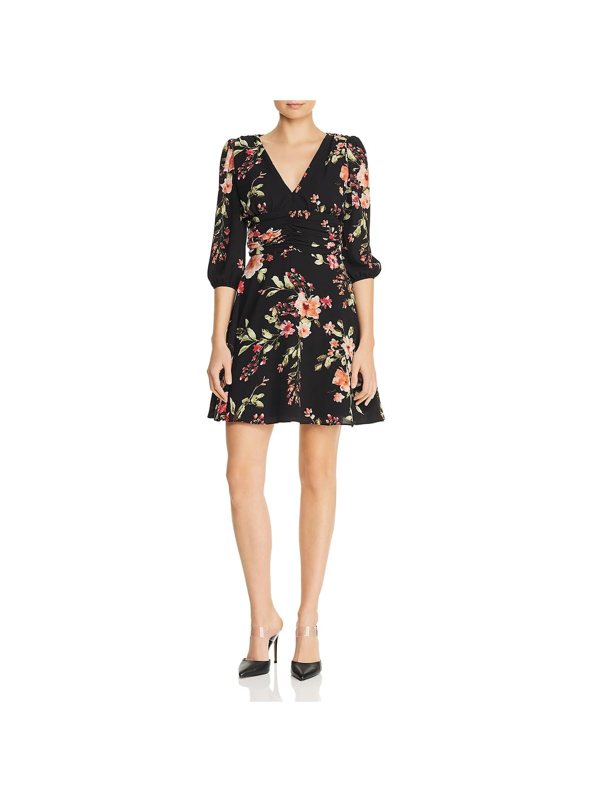 Aqua Floral Print Ruched Bishop Sleeve 