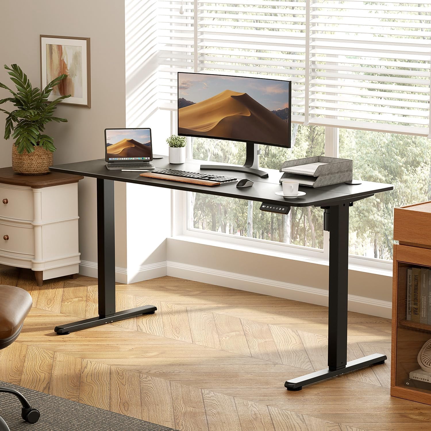 55 x 24 Inch Electric Standing Desk with Spliced Desktop, Height Adjustable Sit Stand Workstation for Home Office, Black