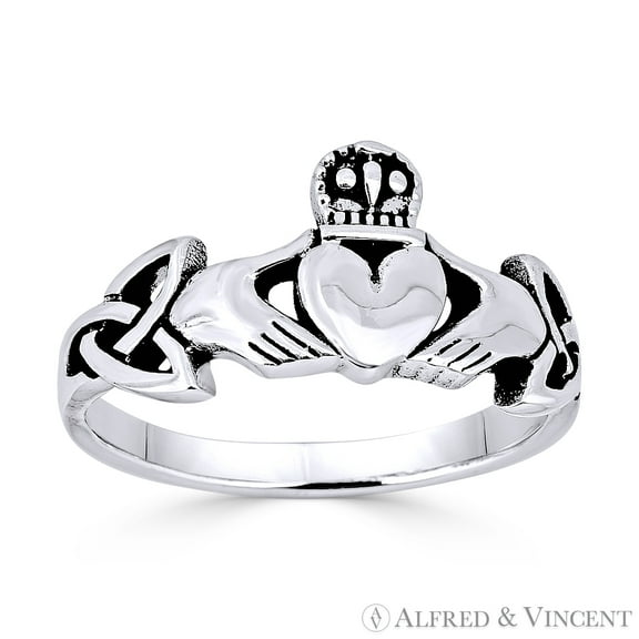 Irish Claddagh Heart & Triquetra Celtic Knot Charm Ring in Oxidized .925 Sterling Silver