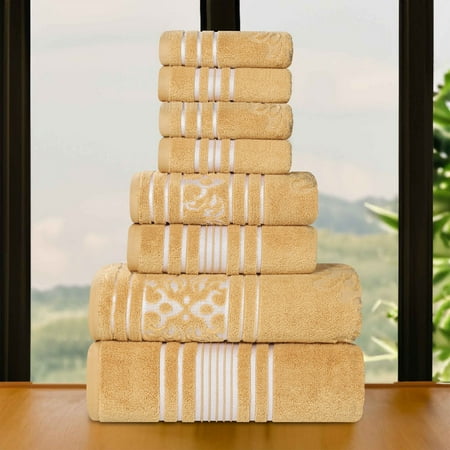 Superior Sadie Zero Twist Cotton Floral 8 Piece Towel Set, Gold