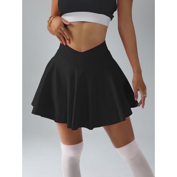 Womens Tennis Skirt with inner Shorts Pockets Shorts Crossover High Waisted Athletic Skorts Skirts for Golf Running Workout and Yoga Sports Activewear Black S