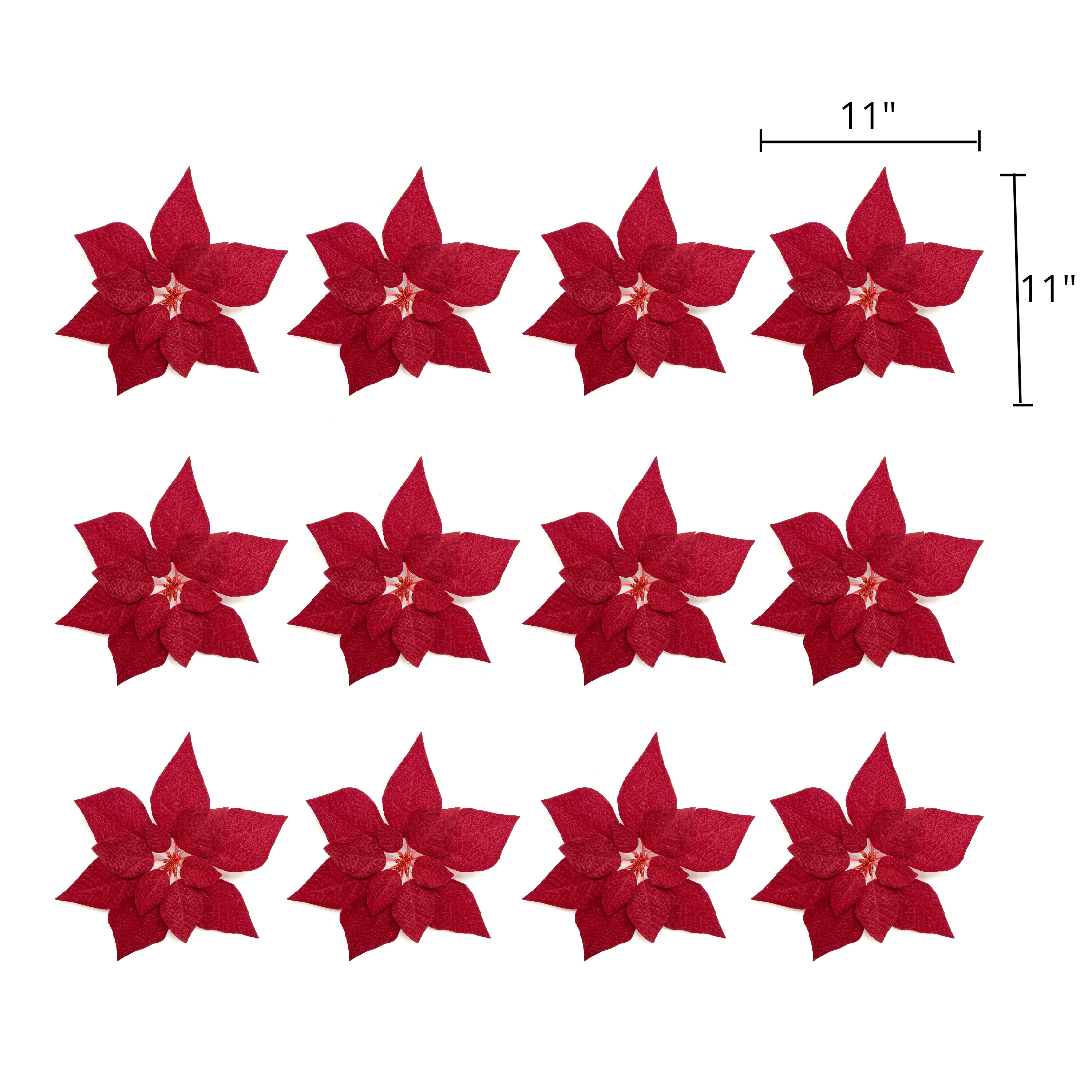 Holiday Time 11" Burgundy Red Velvet Poinsettia Clip Christmas Ornaments, 12 Count - image 3 of 5