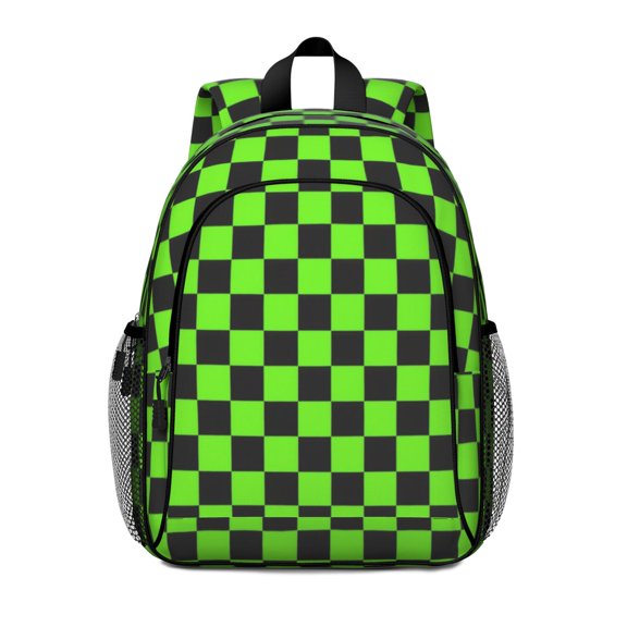 Green and Black Checkered Pattern Backpack for School, Cute School Bag with Adjustable Shoulder Straps and Padded Back, 15"x11.42"x5.5"