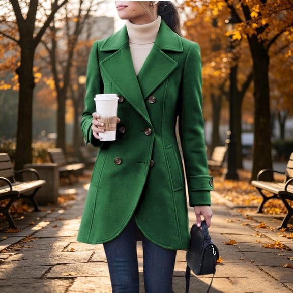 Mifsaly Womens Double Breasted Pea Coat Notch Lapel Long Sleeve Tailored Winter Jacket Warm Elegant Mid Length Outerwear for Office Work Travel Green,M