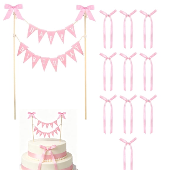 Triani 11 Pcs Happy Birthday Cake Topper Set Banner Bow Ribbon Cake Topper Happy Birthday Cakes Bunting Toppers with Wood Pole for Party Supplies