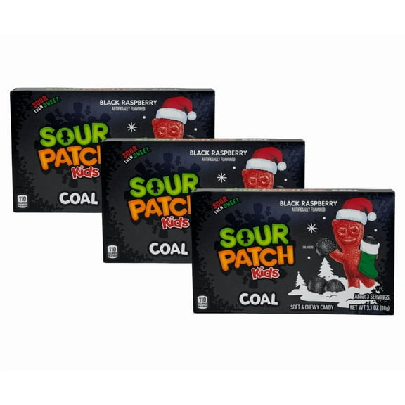 Sour Patch Kids Coal Black Raspberry Chewy Candy – 3.1 oz Boxes, 3 Pack – Holiday Stocking Stuffer Treat