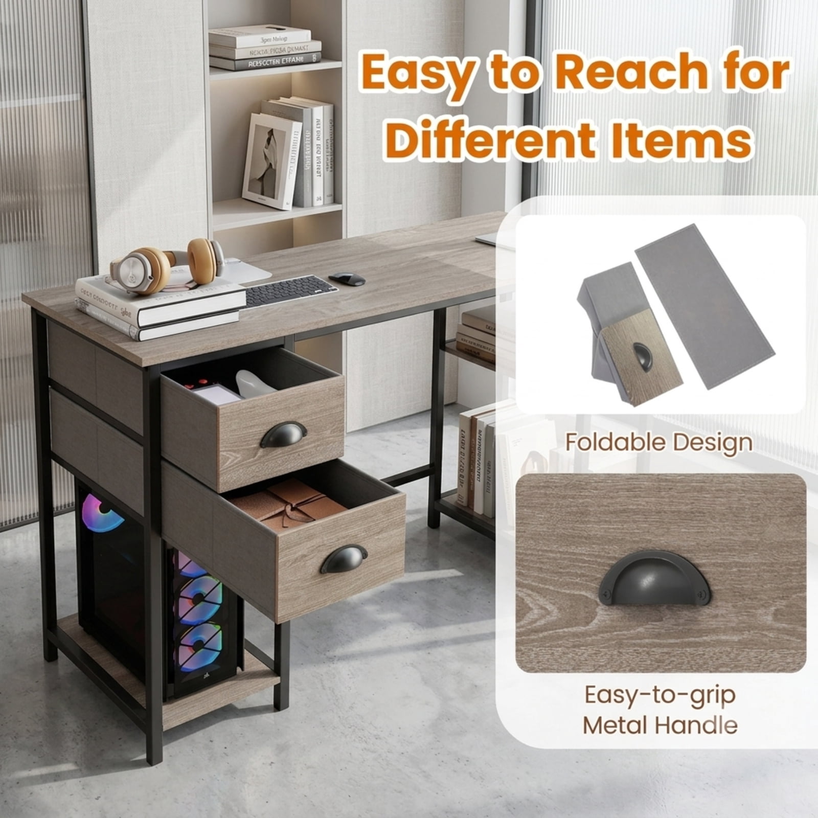 Furnibear L Shaped Desk with Charging Station, Corner Computer Desk with 2 Fabric Drawers and Open Shelves for Home Office Study Gaming, Oak