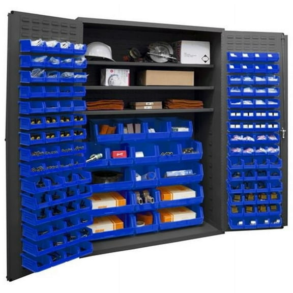 Durham 3502-138-3S-5295 14 Gauge Flush Door Style Lockable Cabinet with 138 Blue Hook on Bins & 3 Adjustable Shelves, Gray - 48 in.