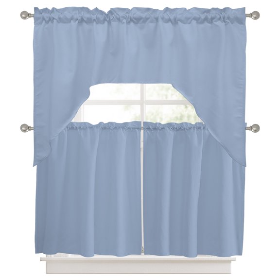 Curtains Swag and Tiers Curtains Set, Pure Light Blue Valances with Kitchen Tier Curtain 36 Inches Long, Simple Solid Color Swag Light Filtering Curtains for Sink/Laundry Room