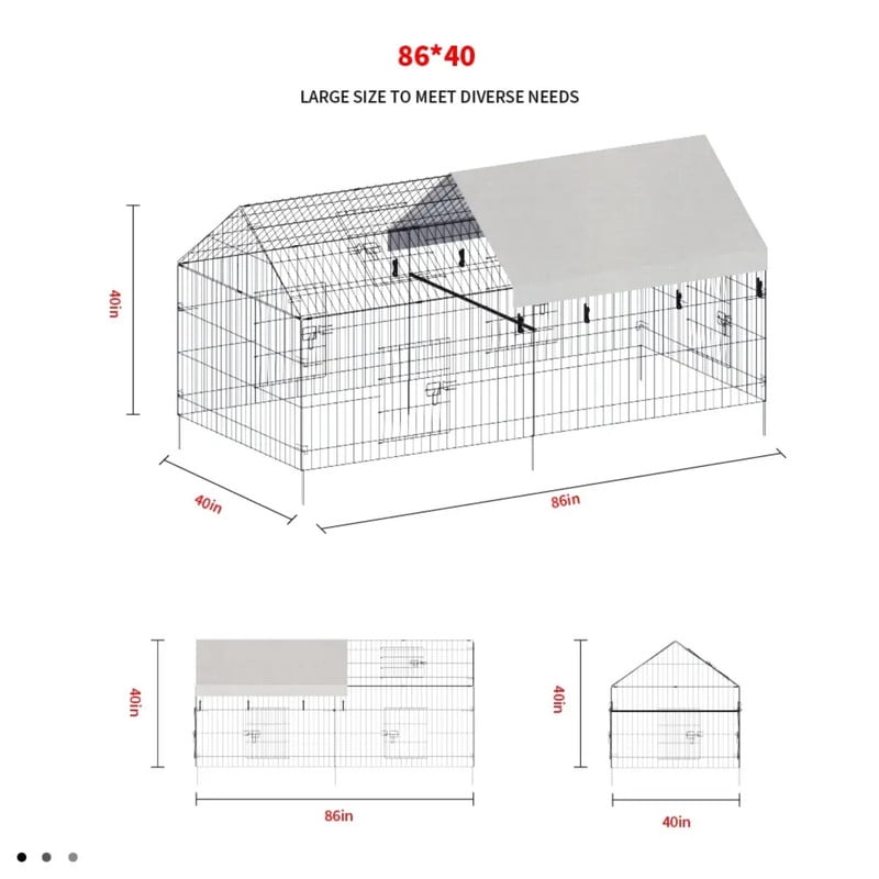 Chicken Coop, Chicken Run Pen for Yard with Cover Outdoor Metal Portable Chicken Tractor Cage Enclosure Crate Outside for Small Animals Duck Rabbit Hen 86"×40"