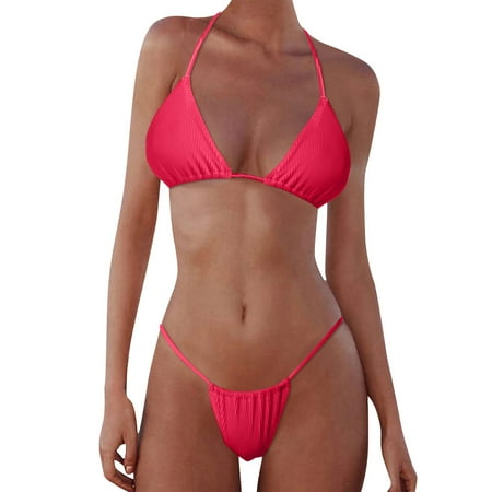 QYZEU Swimsuit for Women 2024 Bikini Solid Color Bandeau Bikini Set Push Up Beach Swimsuit Triangle Cup Bikini Top Breathable Comfortable Lightweight Swimwear Hot Pink S