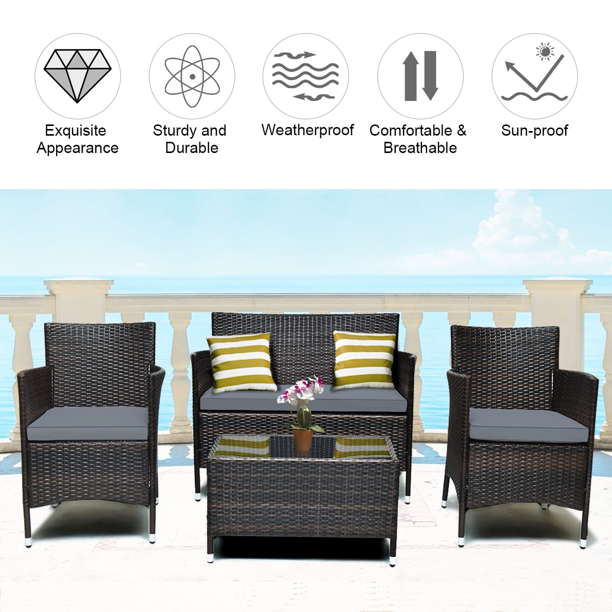 Costway 4PCS Outdoor Patio Rattan Furniture Set Table Shelf Sofa W/ Gray Cushions