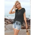 thumbnail image 2 of Women Tassel Knitted Crochet Mesh Crop Top Sexy- Short Sleeve Fishnet Top See Through Cover Up Black S, 2 of 7