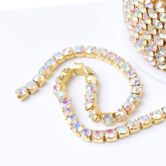 1 roll 1 Roll of 4mm Clear Rhinestone Diamante Golden Plated AB Color Chain 10 Yard Lenght for Wedding Supplies DIY Sewing Craft Jewelry Making Party Decorations