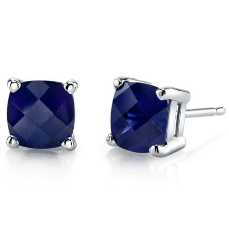 Peora 2.50 Ct Cushion Cut Created Blue Sapphire 14K White Gold Stud Earrings
