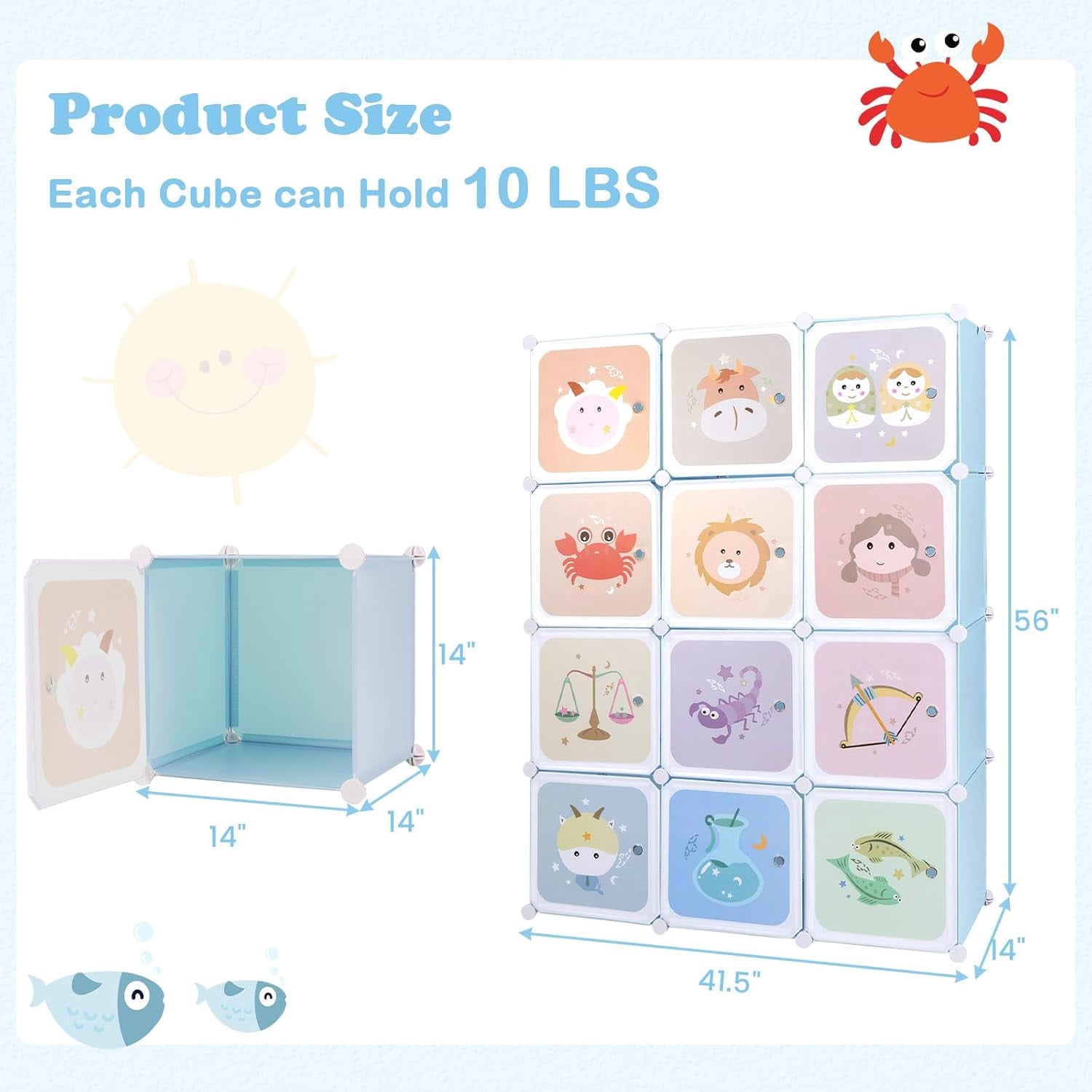 OLAKIDS Children Wardrobe, Kid Closet Portable Baby Dresser Cute for Kids Bedroom Nursery Armoire with Doors 12 Cube 2 Hanging Sections, Kid Clothes Storage Organizer