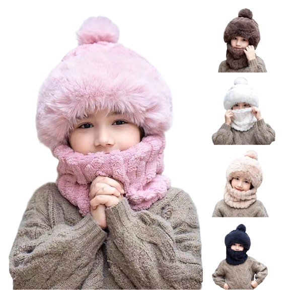 lnmuld Solid Kids Pom Pom Fuzzy Trapper Hat Integrated Neck Warmer Windproof Winter Hat for Boys Girls Pink,One Size