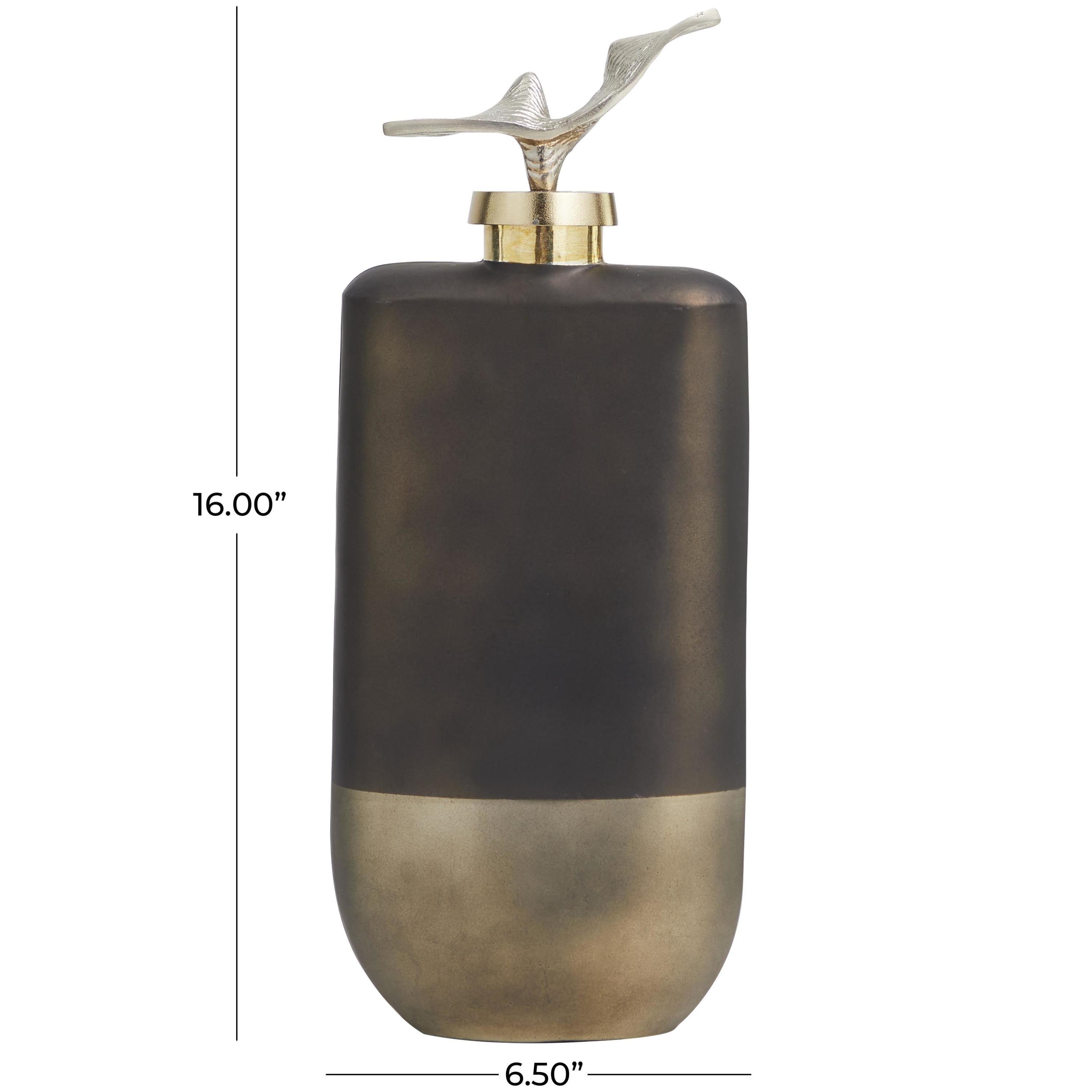 DecMode 7" x 16" Bronze Glass Abstract Colorblock Decorative Jars with Gold Accents and Silver Wave Designed Top, 1-Piece