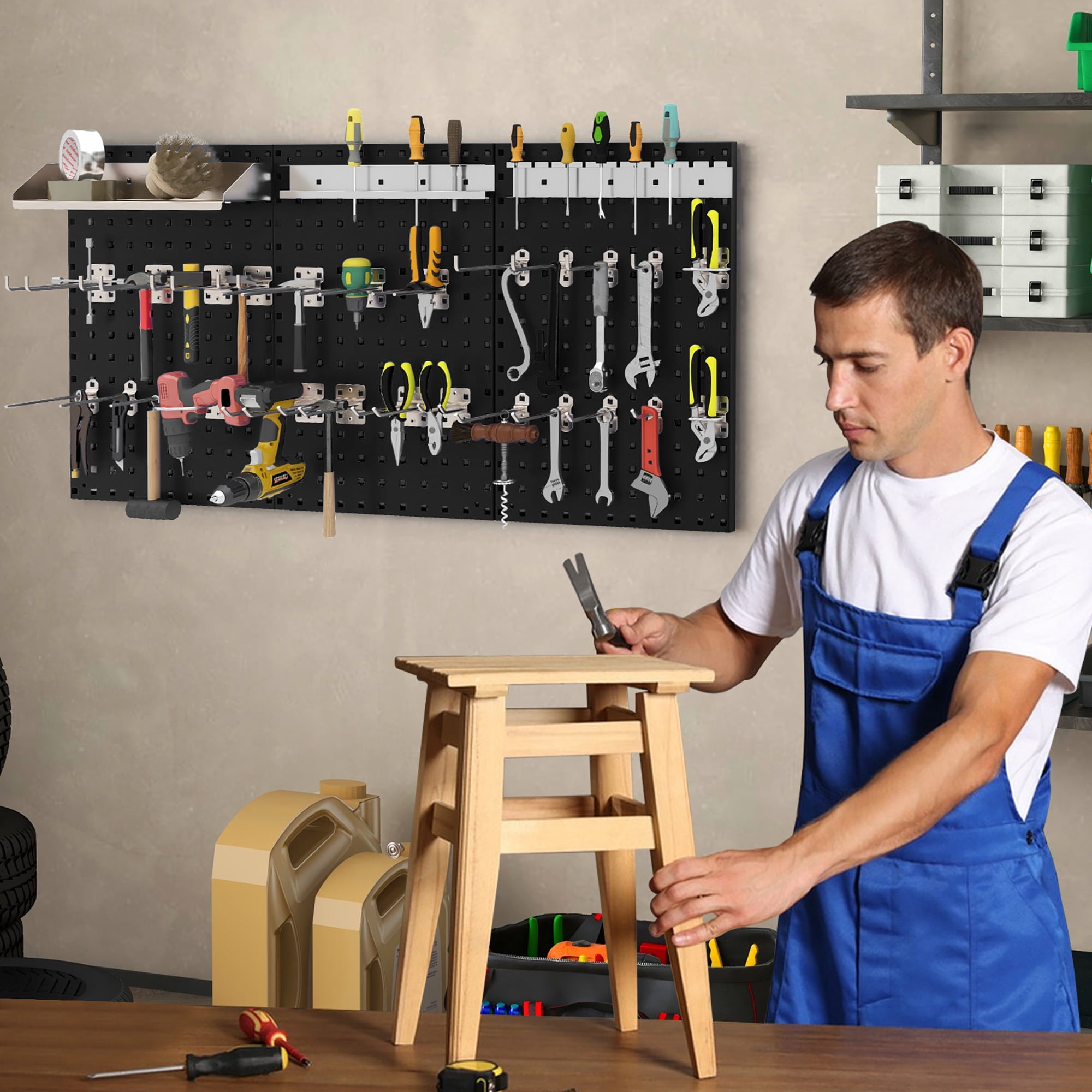 Gymax 3 Pcs Pegboard Wall Organizer w/ 25 Hooks Drill Bit Holder Screwdriver Holder Black