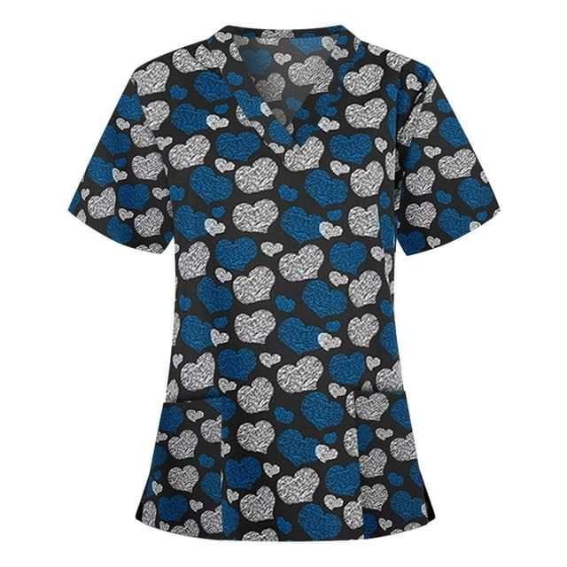 Snoarin Summer Plus Size Blouse for Women Blouse For Women Uniform Working Clothing Print V Neck Short Sleeve Tops With Pocket Work Uniforms for Women on Clearance