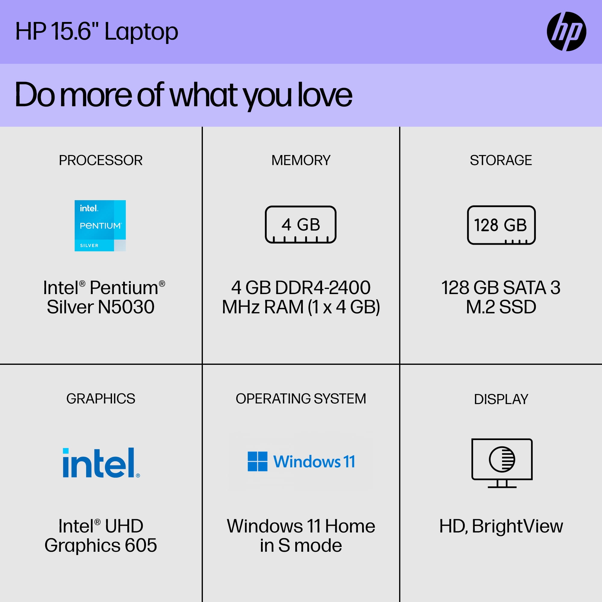 HP 15.6" Laptop, Intel Pentium Silver N5030, 4GB RAM, 128GB SSD, Jet Black, Windows 11 Home in S mode, 15-dw1783wm