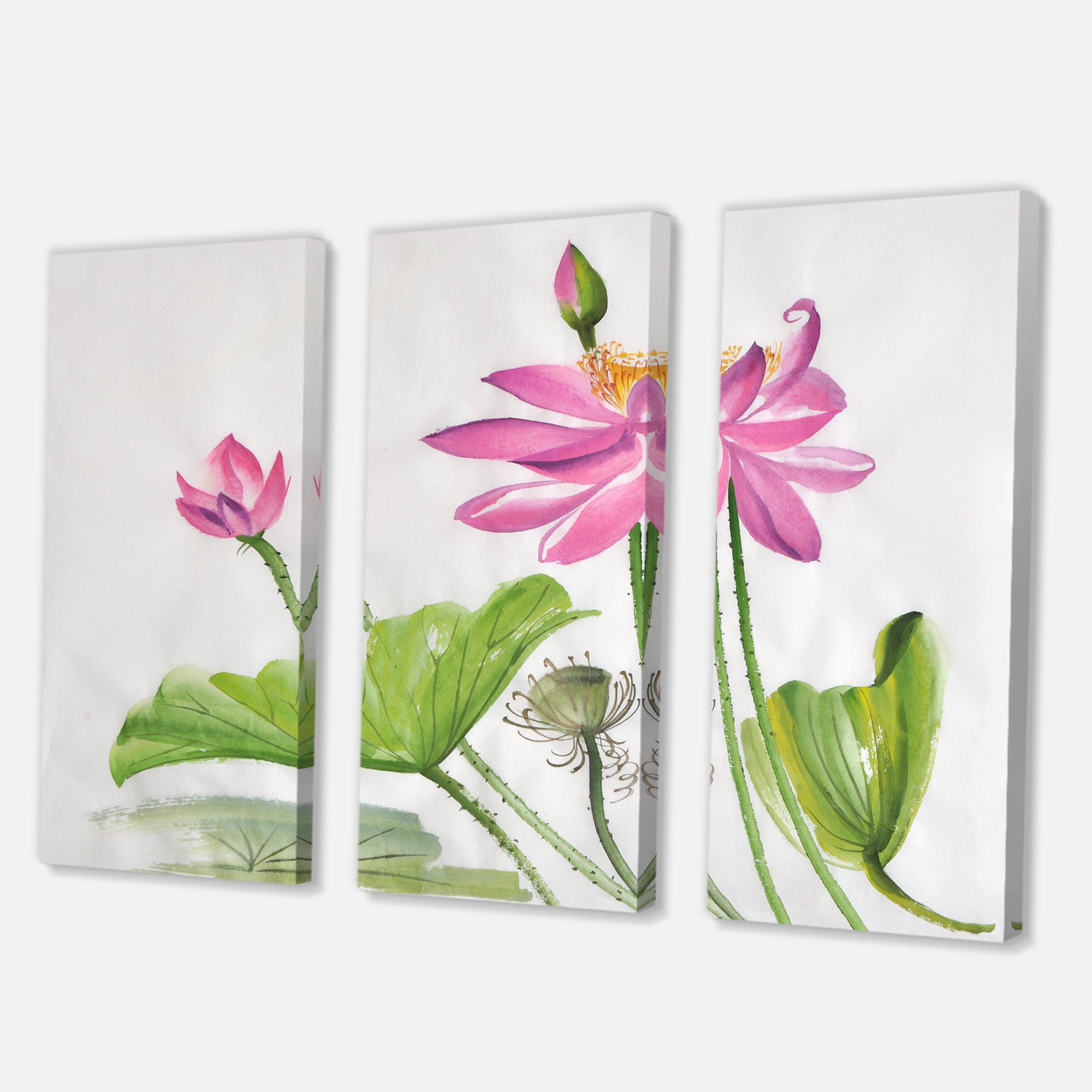 Designart ' Two Pink Lotus Flowers With Green Leaves ' Traditional Canvas Wall Art Print