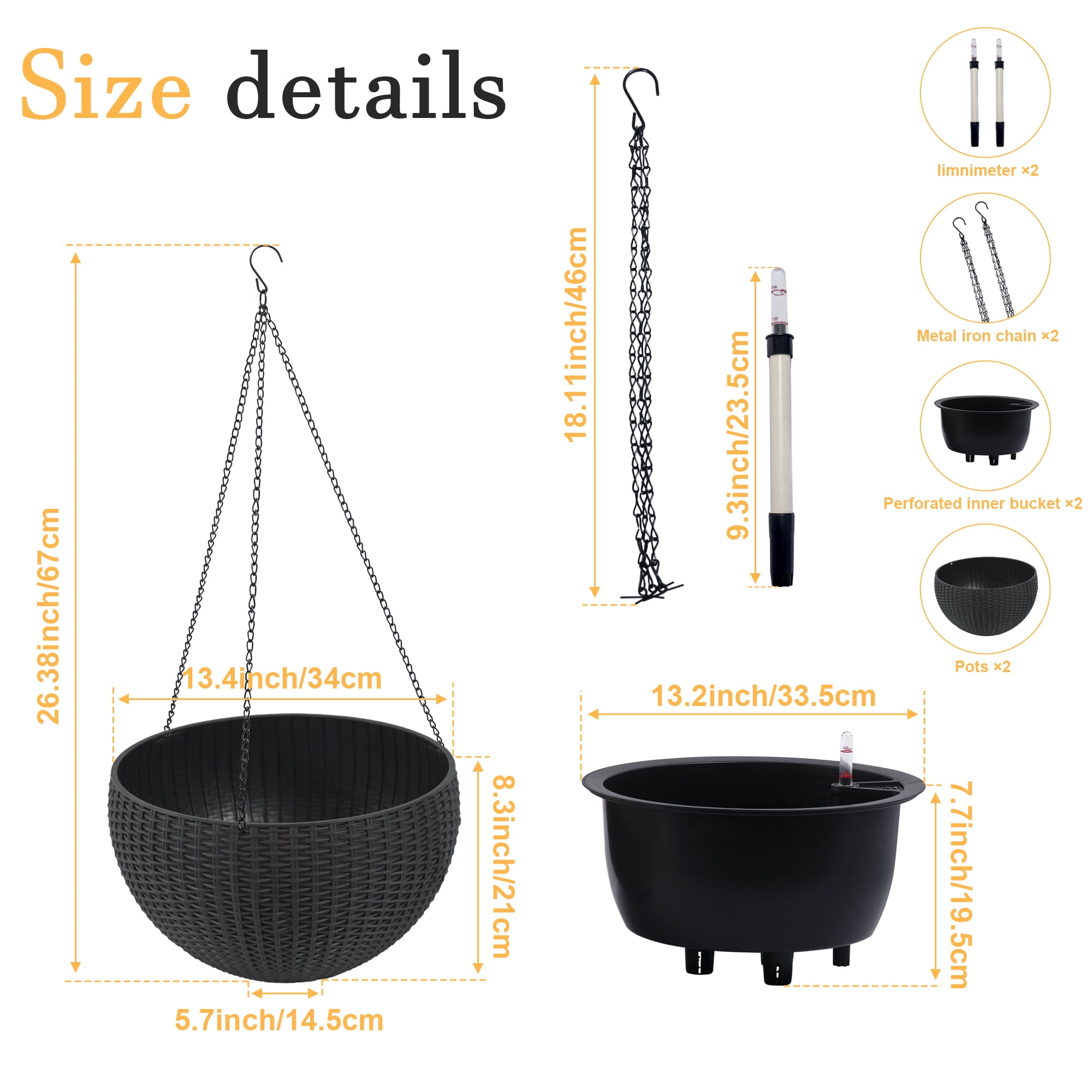 2 Pack Hanging Planters for Indoor Outdoor Plants,13.4 inch Self-Watering Hanging Rattan-Inspired Planter Large Capacity with Water Level Indicator for Home,Garden Decor,Black