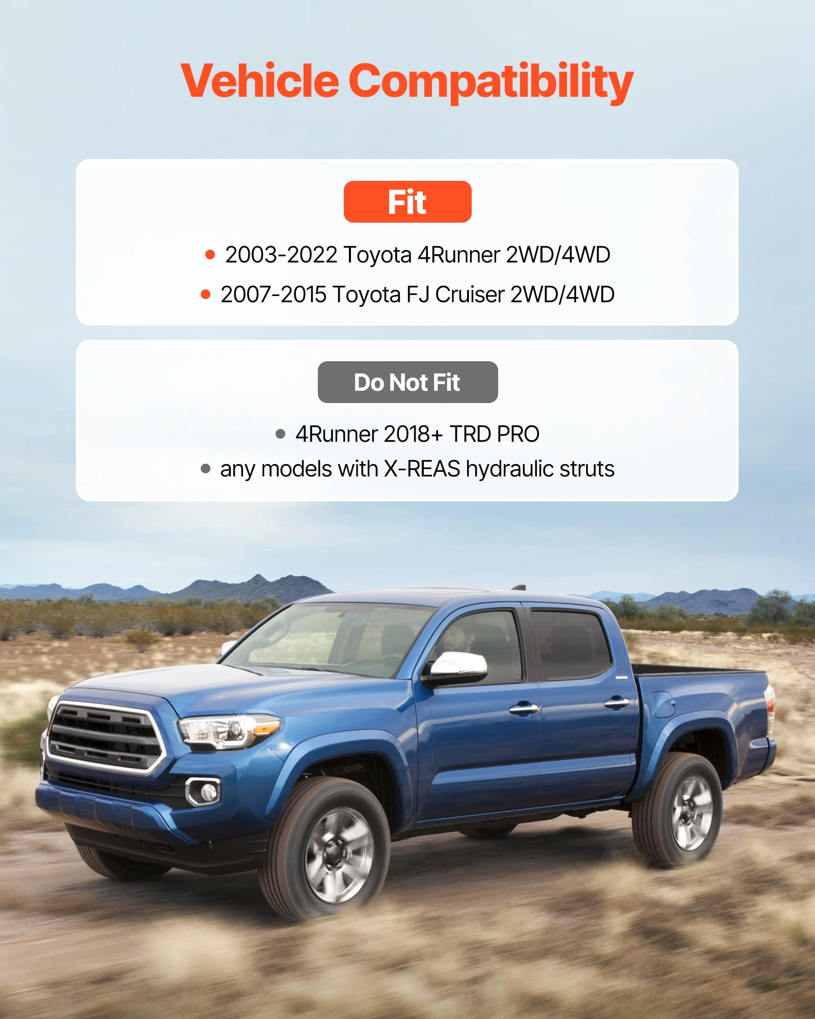 VEVOR 3 Inch Front and 2 Inch Rear Leveling Lift Kit for 2003-2022 Toyota 4Runner 2WD/4WD, 2007-2015 Toyota FJ Cruiser 2WD/4WD,Chassis Level Kit with 2 Bottom Strut Spacers and 2 Coil Spring Spacers