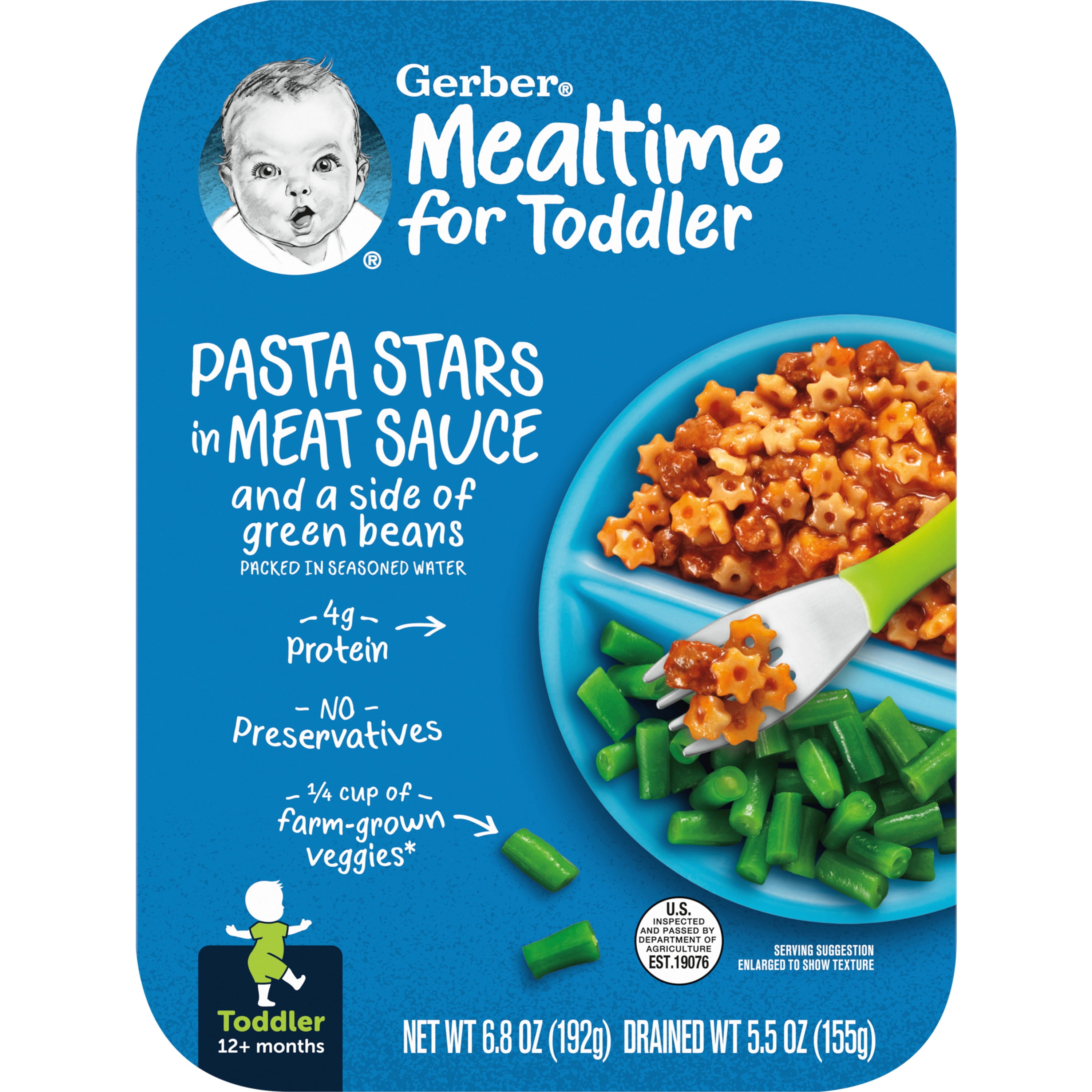 Gerber Mealtime for Toddler, Pasta Stars in Meat Sauce with Green Beans Toddler Food, 6.8 oz Tray