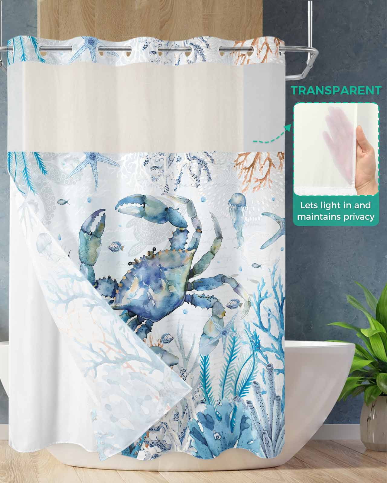 No Hook Shower Curtain with Snap in Liner, Summer Blue Ocean Crab Starfish Coral Jellyfish Watercolor Shower Curtains for Bathroom, Washable Shower Curtain Liner Set with Mesh Top Window, 48"x72"