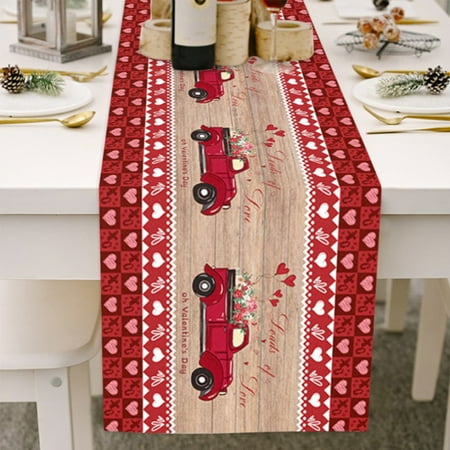 

Cotton Linen Table Runner for All Seasons Happy Valentine s Day Gnomes Car Pattern Wooden Board Table Setting Decor