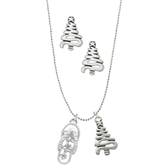 Delight Jewelry Silvertone White Open Plumeria Flower Flip Flop Silver tone Zig Zag Christmas Tree Charm Necklace and Stud Earrings