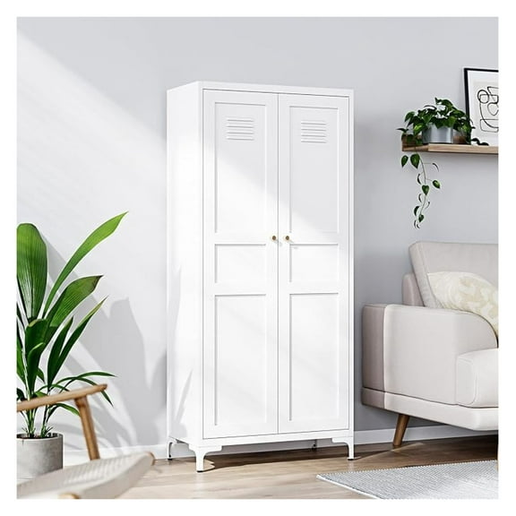 Metal Storage Cabinet with 2 Doors and 4 Adjustable Shelves - 61" White Kitchen Pantry Storage 5-Tier Tall Steel Cabinets Locker for Kitchen, Living Room, Dining Room