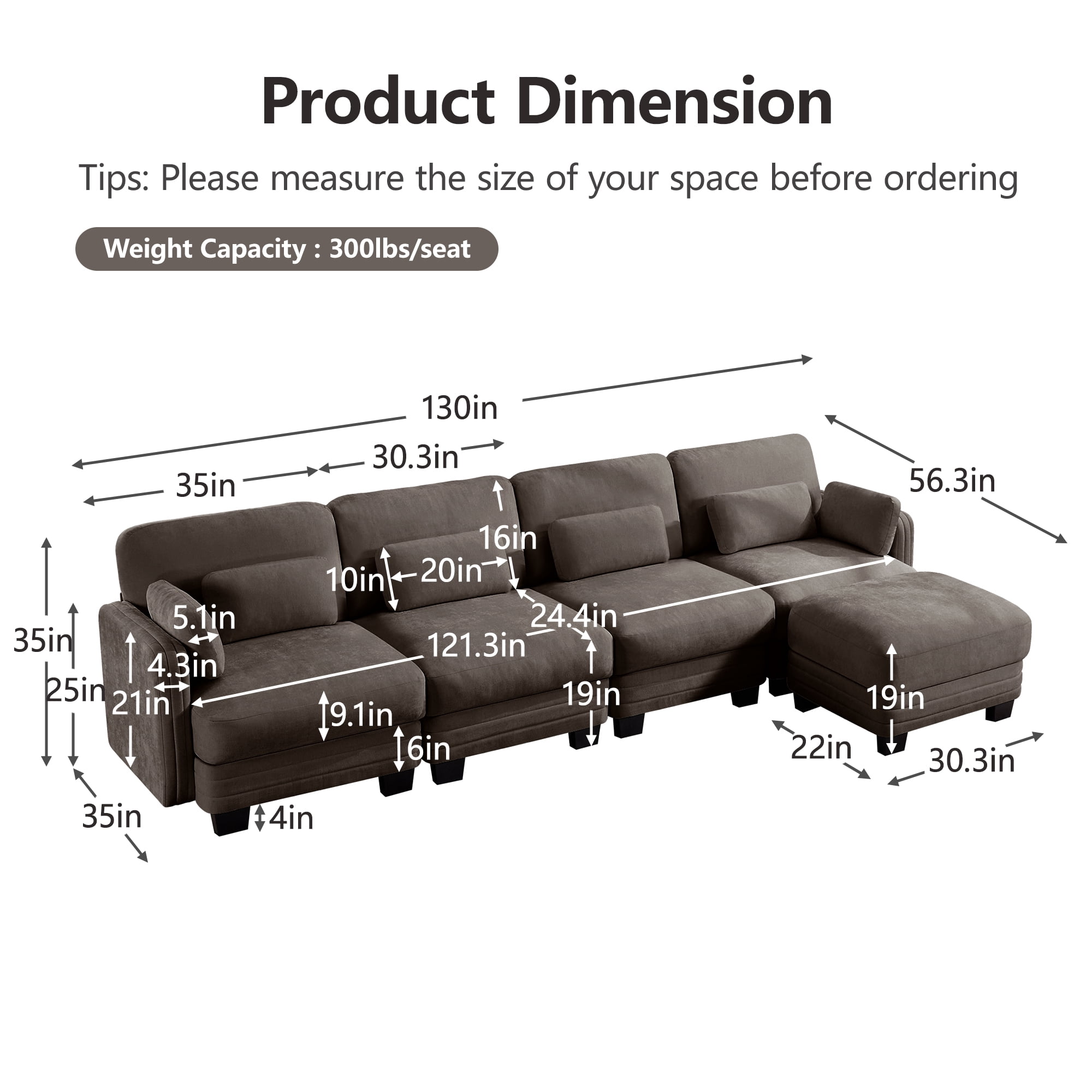 130" L Shape Modern Modular Sectional 4 Seater Sofa Couch with Movable Ottoman and 6 Pillows