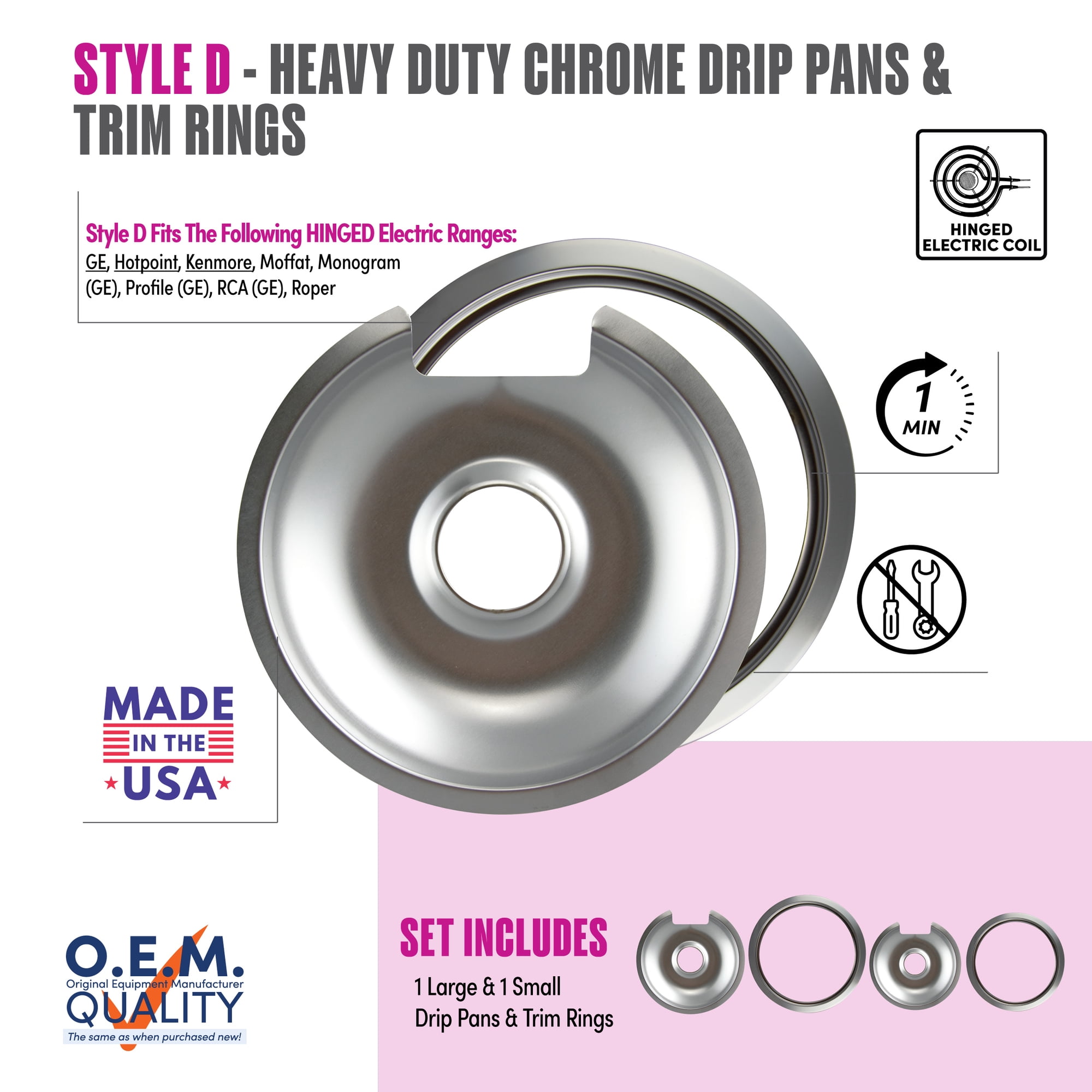 Range Kleen 1056R68GE4X Style D Chrome Drip Pans & Trim Rings, 1 Small and 1 Large Each, 4 Pk