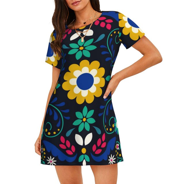 Disketp Colorful Mexican Flower para Camisón Corto de Manga Corta para Mujeres, Camisón Cómodo con Escote Redondo, Bonito y Confortable