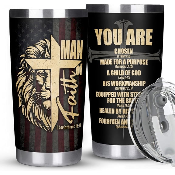 Christian Gift for Men, Christian Coffee Tumbler with Bible Verse, Man of Faith - Religious Mugs for Men, Pastor Tumbler, Christmas Man of God Gifts