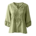 thumbnail image 4 of Yigetop Women's Notch V Neck Linen Blouse 3/4 Puff Sleeve Print Loose Fit Lightweight Casual Summer Shirt Green L, 4 of 4