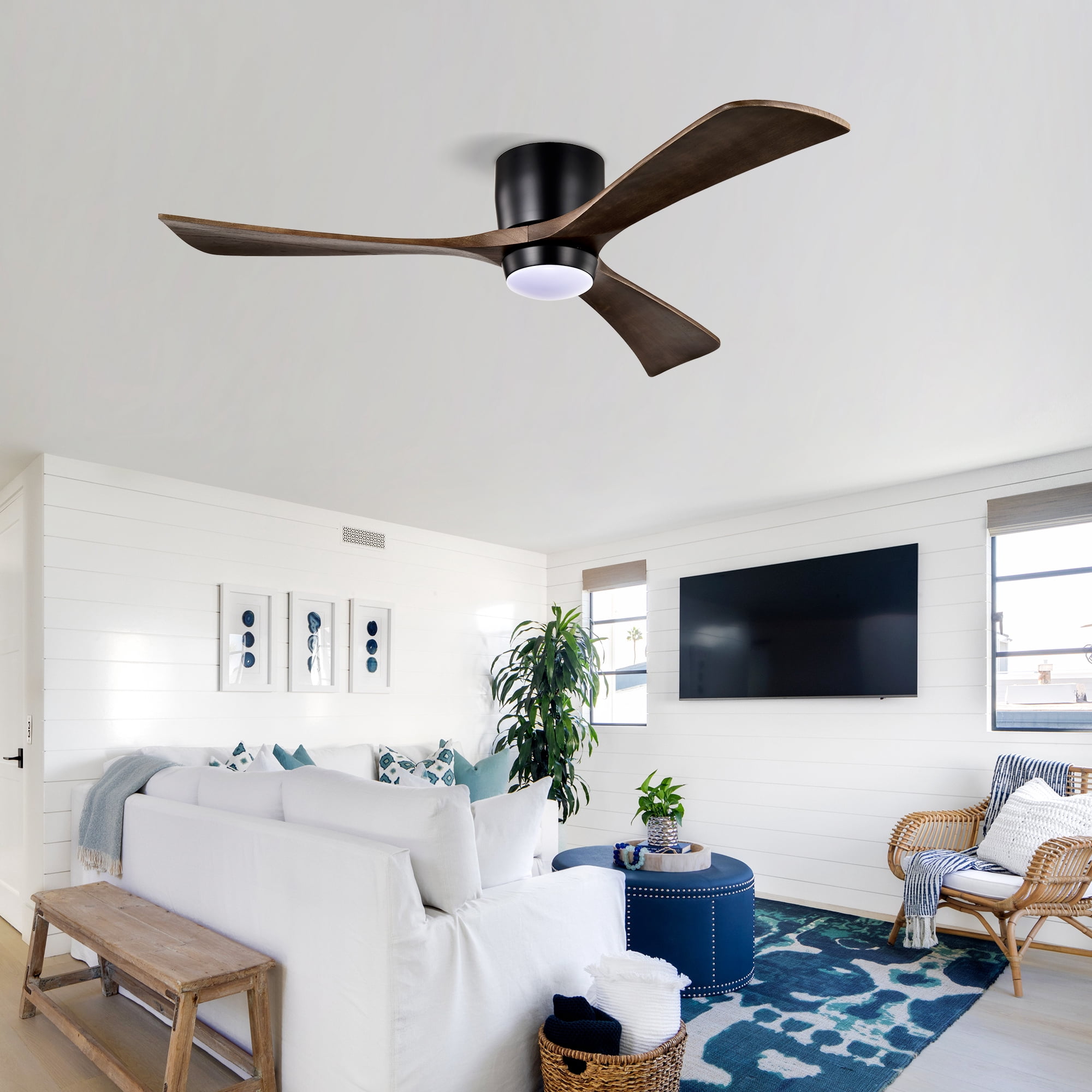 Flush Mount Ceiling Fan with Light, 52 Inch Solid Wood Blade Fan for Household Low Ceiling Room, Matte Black