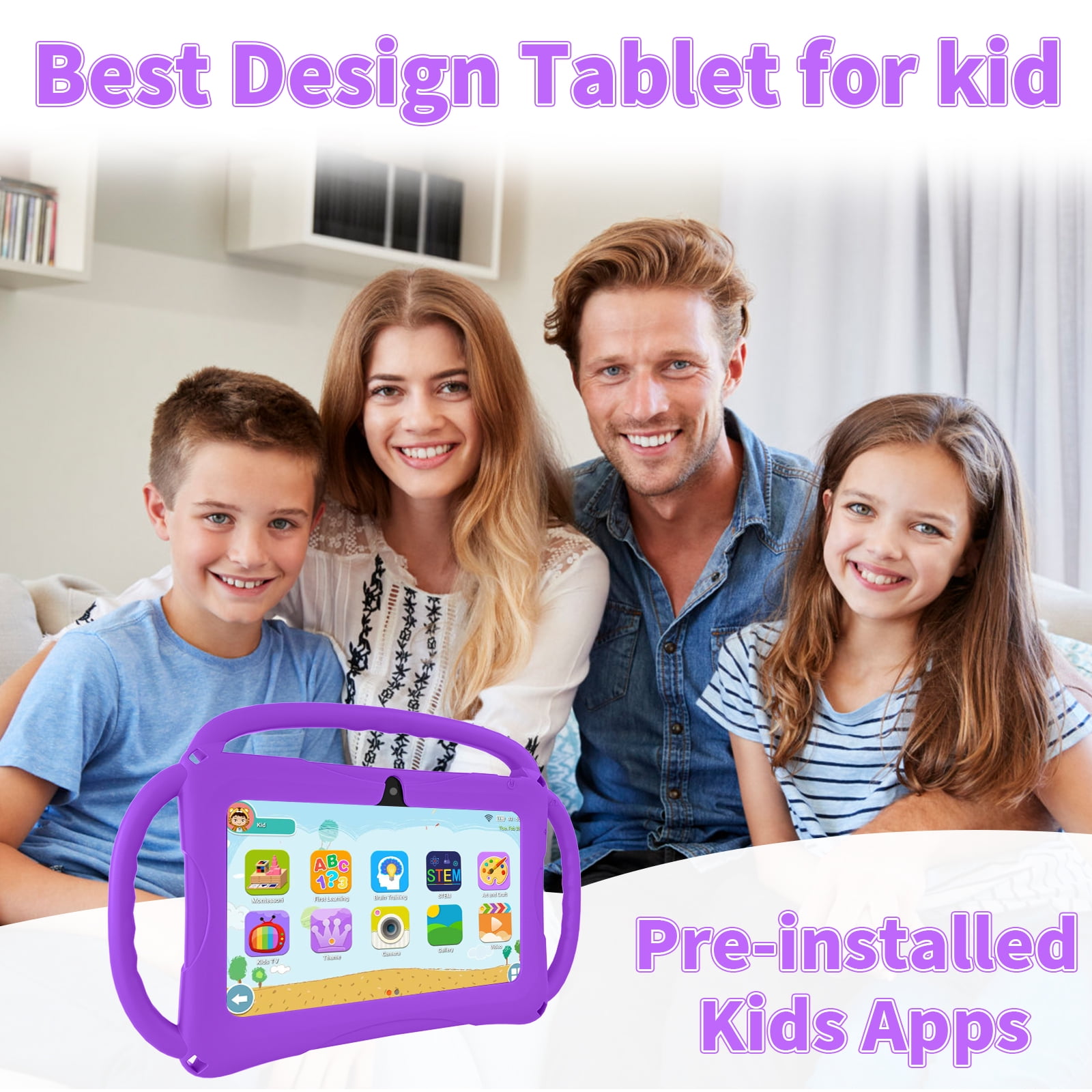 Kids Tablet 7 inch Android for Toddler, 6GB RAM 32GB ROM Bluetooth IPS Screen Parental Control Dual Camera Shockproof Case for Educational Games (Purple)