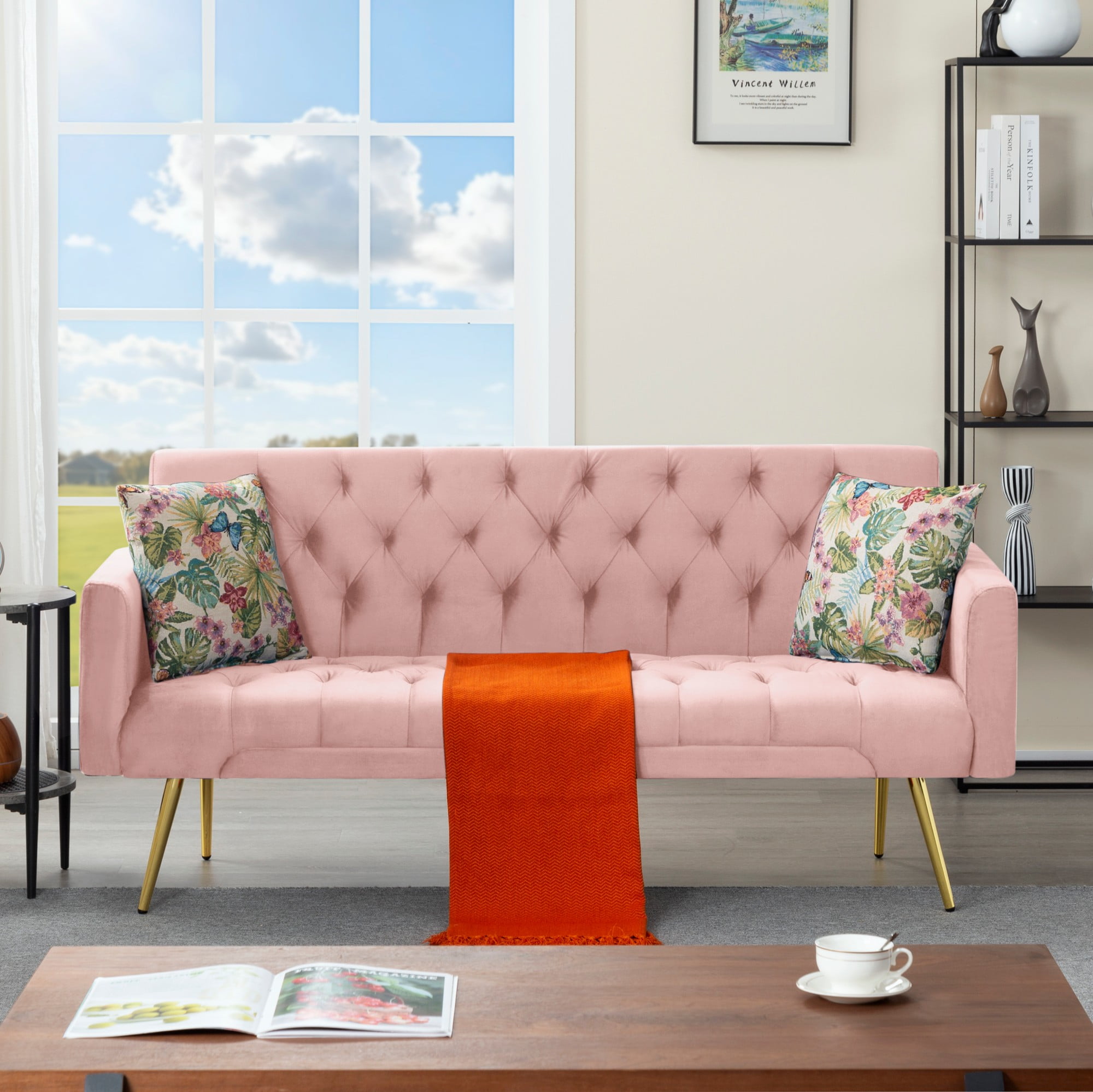 Gewnee Pink 68.31" Futon Sofa Bed, Solid Eucalyptus Wood Frame, Golden Metal Legs, 5 Adjustable Backrest, 2 Pillows for Home Office Guest Room