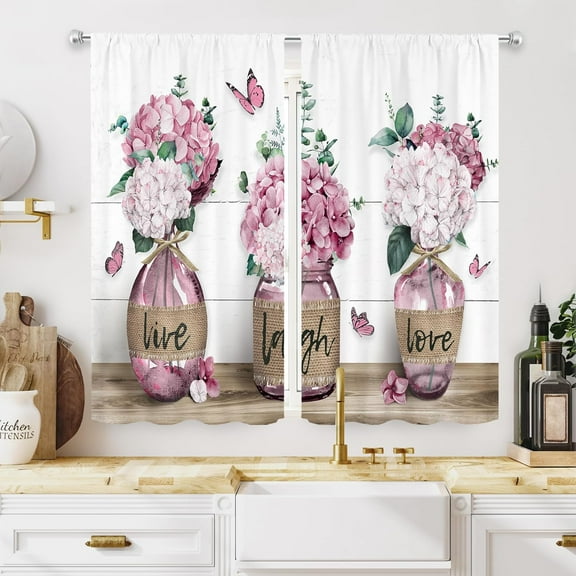 Rustic Farmhouse Pink Floral Kitchen Curtains 27.5Wx39H Inch Rod Pocket Flower Plant Cafe Curtains Spring Butterfly Botanical Country Wooden Small Bedroom Window Drapes Fabric 2 Panels