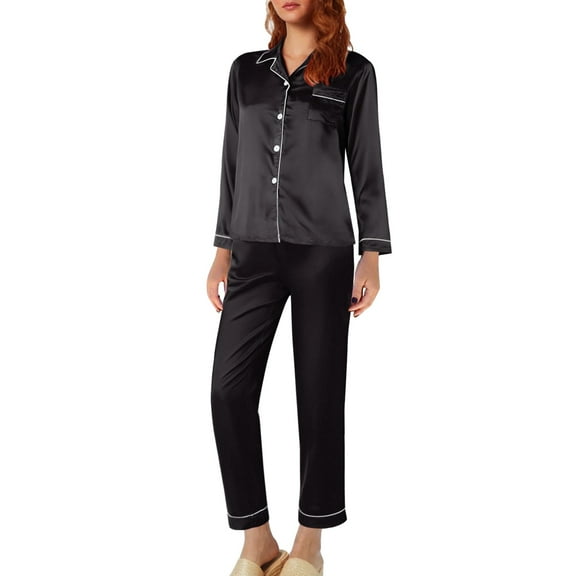 TEVEQ Womens Satin Pajamas Set Long Sleeve Nightwear Robe Sets Pajama Pajamas Pajama Women's Women Long Satin Underwear Long Suit Loose Set Women Nightgown Satin Pajama Set for Women Black L